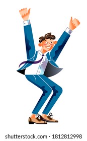 Happy business man in office. Executive celebrates success. Young handsome smiling employee in suit celebrating in joy. Positive cartoon character in professional business vector illustration.