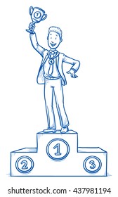 Happy business man, on winner's podium with medal and trophy, concept of leader, first, best of. Hand drawn line art cartoon vector illustration