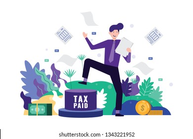 Happy business man pedal button to paid tax and clear tax documents. Tax time concept. Flat design element. Vector illustration.