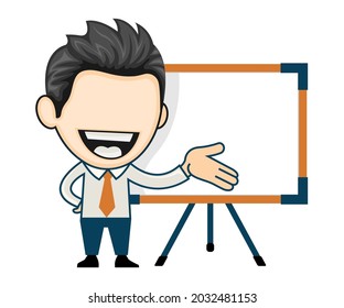 Happy business man at presentation standing in front of white board. Business concept in cartoon vector style