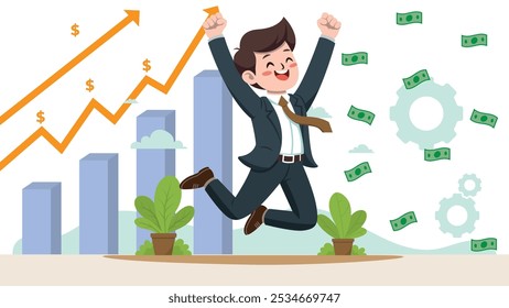 happy business man in profit, trader profit, investment profit icon, Financial benefit, flat vector.