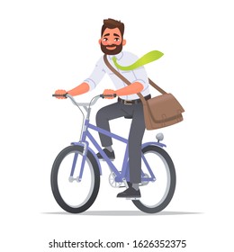 Happy business man rides a bicycle. A cyclist in a business suit rides to work in the office. Riding on an environmentally friendly mode of transport in the city. Vector illustration in cartoon style