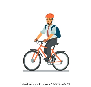 Happy business man riding a Bicycle. A cyclist in a business suit goes to work in the office. Driving an environmentally friendly form of transport around the city. Vector illustration in cartoon styl