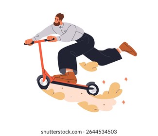 Happy business man riding kick e-scooter, commuting at fast speed. Active office worker rushing, hurrying to work on urban transport, escooter. Flat vector illustration isolated on white background