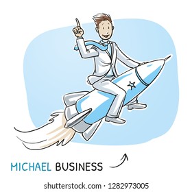 Happy business man riding on a fast rocket. Concept for success, winner, pioneer, innovation. Hand drawn cartoon sketch vector illustration, whiteboard marker style coloring.