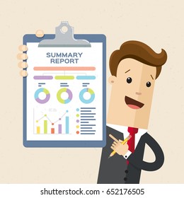 Happy business man shows finance report, business result. Man in suit hold clipboard in hand.  Vector, illustration, flat