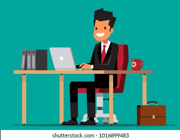 Happy business man sit at the table. Vector illustration.