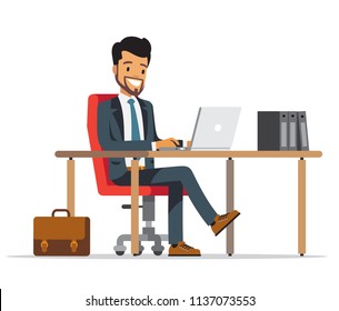 Happy business man sit at the table. Vector illustration. Happy business man sit at the table. Vector illustration.