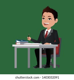 Happy business man sit at the table.