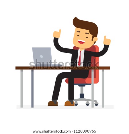 Happy business man sit at the table