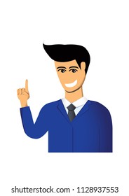 Happy business man is smile and pointing his finger up for some idea.Half body cartoon concept.