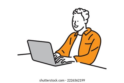 Happy business man smiling at using laptop doing Officeworks sitting at his desk.