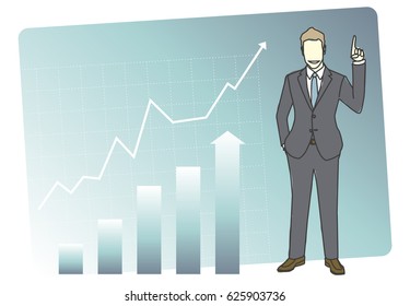 Happy Business Man Stand Pointing Finger up and Increasing Graph Background, Business and Finance Concept.