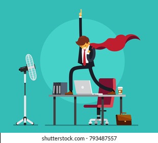 Happy Business Man is standing on the table like a super hero. Vector illustration.