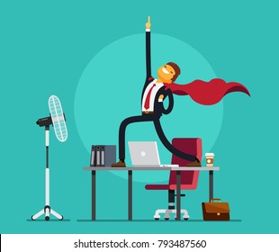 Happy Business Man is standing on the table like a super hero. Vector illustration.