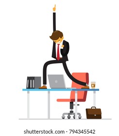 Happy Business Man is standing on the table. Vector illustration.