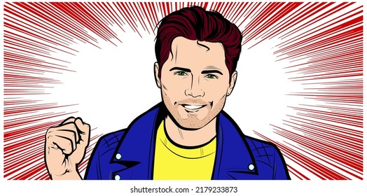 Happy Business Man. Success. Smiling happy man fist pump, say yes and look excited, winning and celebrating, triumphing from win, enjoy. Vector illustration in Comic Book Pop Art retro