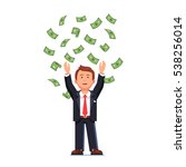Happy business man in suit standing with raised hands throwing his money up in the air. Green cash rain. Business success concept. Flat style modern vector illustration isolated on white background.