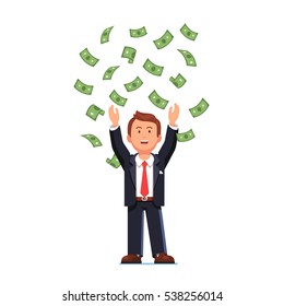 Happy business man in suit standing with raised hands throwing his money up in the air. Green cash rain. Business success concept. Flat style modern vector illustration isolated on white background.