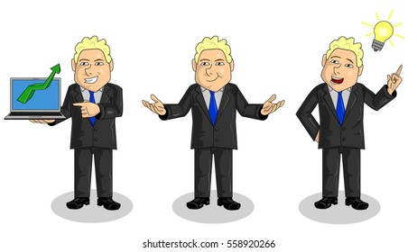 happy business man in three different poses with laptop in hand and idea bulb on head and with wide open hands
