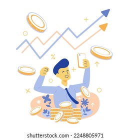 Happy Business-Mann mit Smartphone mit Geld-und Stock-Markt-Grafik Vektorgrafik für Design.