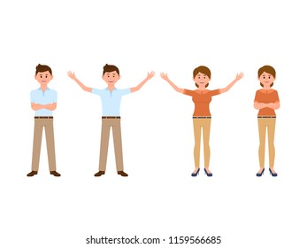 Happy business man and woman in casual look cartoon character. Male and female crossed hands