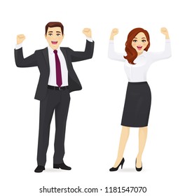 Happy business man and woman celebrating vector illustration