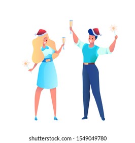 Happy business man and woman in office suit and santa hat holding champagne glass and sparkler. Cartoon corporate character celebrating christmas at work. Vector male, female employee in xmas hat.