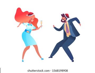 Happy business man and woman in office suit santa hat dancing holding champagne glass and sparkler. Cartoon corporate character celebrating christmas at work. Vector male, female employee in xmas hat.