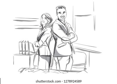 Happy business man and woman standing cross handed Vector sketch. Succesful team workers. Storyboard digital template. Sketch style line arts