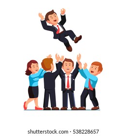 Happy business man and woman standing in formal suits throwing up their leader or boss in the air celebrating career success. Flat style modern vector illustration isolated on white background.