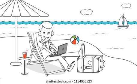 Happy Business Man Working On A Laptop Relax In The Beach While Enjoying His Vacation With No Tension