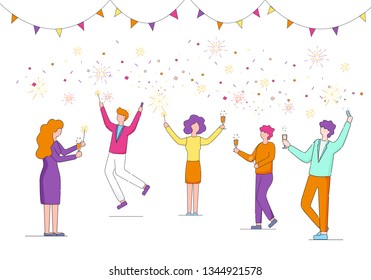 Happy Business Managers Team Celebrating Holiday in Office. Colleagues Hold Sparklers and Champaign Glasses in Hands on White Background with Party Decoration. Linear Cartoon Flat Vector Illustration.