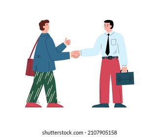 Happy business men with briefcases shake hands, flat vector illustration isolated on white background. Teamwork and partnership in the office. People greet each other or reach an agreement.