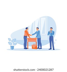 Happy business partners shaking hands on the table. Make a mutual agreement after successful negotiations. Employee Making concept. Trend Modern vector flat illustration
