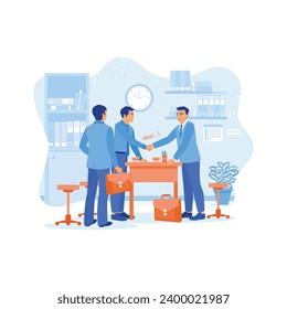 Happy business partners shaking hands after reaching an agreement. Negotiation process during a meeting in the office. Employee Making concept. trend modern vector flat illustration