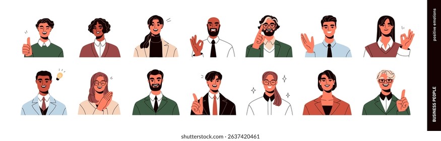 Happy business people avatars set. Smiling male and female employees, head portraits. Cheerful friendly office workers with positive expressions. Flat vector illustrations isolated on white background