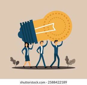 Happy Business People Carrying a Light Bulb. White collar work, leadership and creative idea generation concept vector art