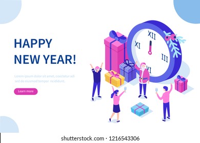 Happy business people celebrate New Year near big clocks. Can use for web banner, infographics, hero images. Flat isometric vector illustration isolated on white background.