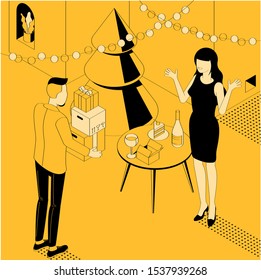 Happy business people celebrating Christmas and New Year with Christmas tree and gift boxes in the modern office. Two color black and yellow ink drowing cartoon style vector concept.