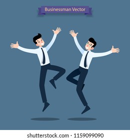 Happy business people celebrating, jumping characters, male persons and team.