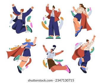 Happy business people cheering and celebrating achievement, flat cartoon vector illustration set. Isolated successful men and women in suits, excited and content employees and managers