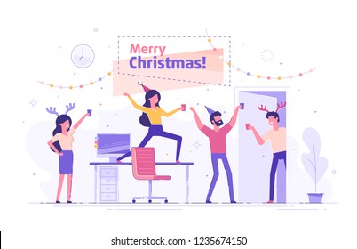 Happy business people at a Christmas and New Year's corporate party. Positive men and women with champagne dancing and having fun. Set of modern vector characters.