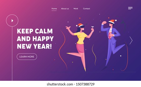 Happy Business People at Christmas and New Year Corporate Party Website Landing Page. Positive Men and Women in Santa Claus Hats Xmas Fun Celebration Web Page Banner. Cartoon Flat Vector Illustration