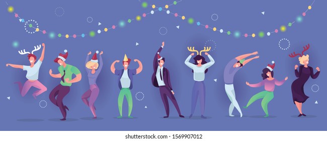 Happy business people at a Christmas and New Year's corporate party. Positive men and women with champagne dancing and having fun. Set of modern vector characters.