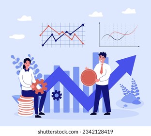 Happy business people with coins and charts vector illustration. Cartoon drawing of man and woman with digital money statistics. Cryptocurrency, finances, stock trade, investment concept
