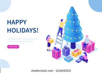 Happy business people decorate Christmas tree and prepare gift boxes together. Can use for web banner, infographics, hero images. Flat isometric vector illustration isolated on white background.