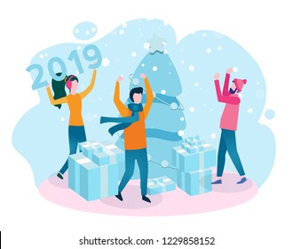 Happy business people decorate Christmas tree, Flat isometric vector illustration, New Year, Preparing to meet the new year 2019, happy holiday! 