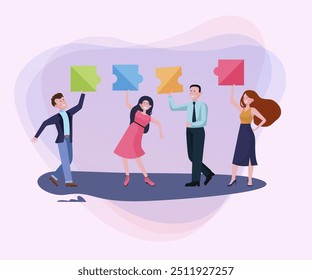 Happy business people enjoying office party. Team connecting puzzle pieces flat vector illustration. Teamwork, celebration, unity concept for banner, website design or landing page