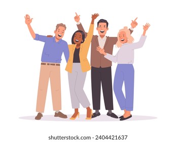 Happy business people in full length on a white background. Men and women, colleagues, celebrate victory with their hands up. Concept of achieving new goals. Vector illustration in flat style